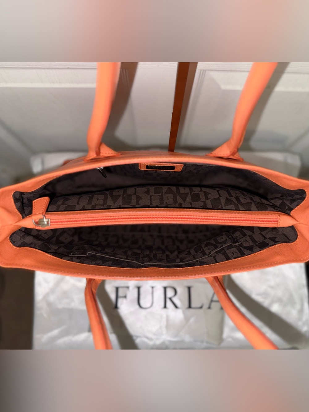 Furla Bright Orange Leather Tote with Top Handles - Picture 5 of 11